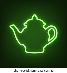 Tea maker sign. Green neon icon in the dark. Blurred lightening. Illustration.