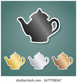 Tea maker sign. Set of metallic Icons with gray, gold, silver and bronze gradient with white contour and shadow at viridan background. Illustration.