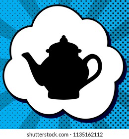 Tea maker sign. Vector. Black icon in bubble on blue pop-art background with rays.