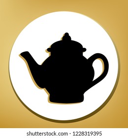 Tea maker sign. Vector. Black icon with light brown shadow in white circle with shaped ring at golden background.