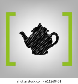 Tea maker sign. Vector. Black scribble icon in citron brackets on grayish background.