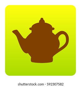 Tea maker sign. Vector. Brown icon at green-yellow gradient square with rounded corners on white background. Isolated.