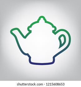 Tea maker sign. Vector. Green to blue gradient contour icon at grayish background with light in center.