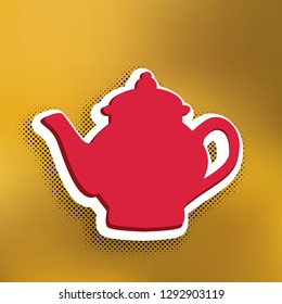 Tea maker sign. Vector. Magenta icon with darker shadow, white sticker and black popart shadow on golden background.
