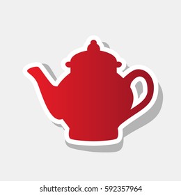 Tea maker sign. Vector. New year reddish icon with outside stroke and gray shadow on light gray background.