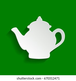 Tea maker sign. Vector. Paper whitish icon with soft shadow on green background.