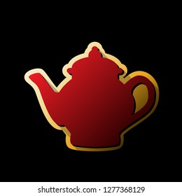 Tea maker sign. Vector. Red icon with small black and limitless shadows at golden sticker on black background.