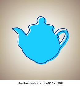 Tea maker sign. Vector. Sky blue icon with blue contour on beige background.