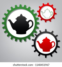 Tea maker sign. Vector. Three connected gears with icons at grayish background.