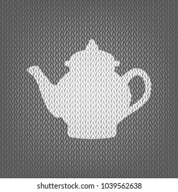 Tea maker sign. Vector. White knitted icon on gray knitted background. Isolated.