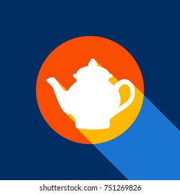 Tea maker sign. Vector. White icon on tangelo circle with infinite shadow of light at cool black background. Selective yellow and bright navy blue are produced.