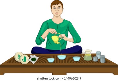 tea master sits at the shepherd and pours green tea into bowls