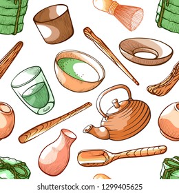 Tea matcha seamless pattern, aromatic drink in wooden bowl. Japanese finely ground herbal powder tea. Vector illustration