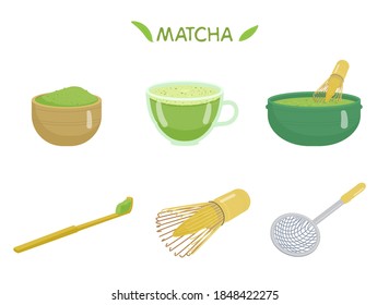 Tea Matcha Vector Set. Cup With Matcha, Tea Powder, Bamboo Spoon, Whisk, Ceramic Bowl, Sieve. Japanese Traditional Beverage.