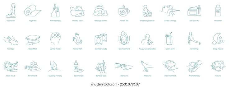 Té, Meditación, Yoga Mat, Aromaterapia, Comida saludable, Masaje Stone, Té de hierbas, Ejercicio de respiración, Terapia de sonido, Kit de cuidado personal, Hidratación, Foot Spa, Mascarilla para dormir, Salud mental, Naturaleza