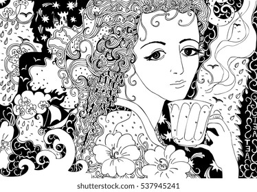 Tea with memories. Hand drawn doodle illustration of beautiful girl