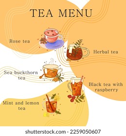 Tea menu. 5 different mugs on a smooth background. Suitable for menus, special offers, advertising, booklet. Vector file EPS10