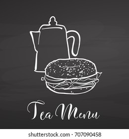 Tea menu with bagel on chalkboard. Hand drawn healthy food sketch. Black and White Vector Drawing on Blackboard. 