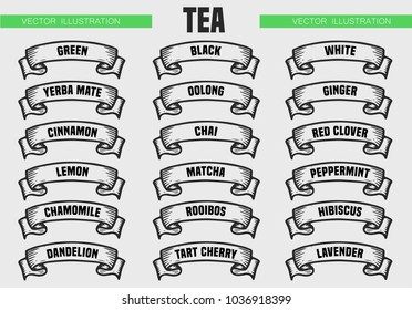 Tea menu icon set. Beverages types of tea. Vector engraving ribbons illustration isolated on white background. Hand drawn design label.