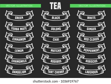 Tea menu icon set. Beverages types of tea. Vector engraving ribbons illustration isolated on black background. Hand drawn chalk style design label.