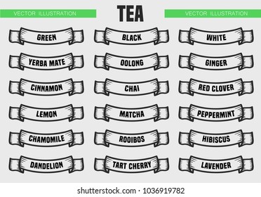 Tea menu icon set. Beverages types of tea. Vector engraving ribbons illustration isolated on white background. Hand drawn design label.