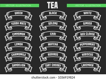 Tea menu icon set. Beverages types of tea. Vector engraving ribbons illustration isolated on black background. Hand drawn chalk style design label.