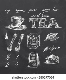 Tea menu on chalkboard. Hand drawing. Vector illustration.