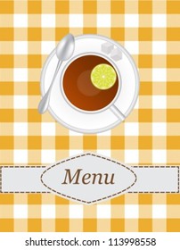 tea menu with a picture of a cup of tea with lemon slices and sugar on the tablecloth background