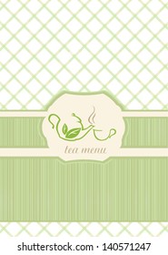Tea menu. Teapot and cup in the center.Vector