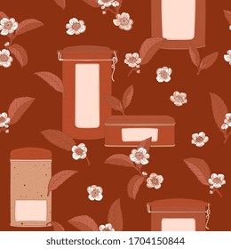 Tea metallic boxes and flowers dark brown seamless pattern