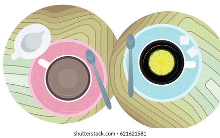 Tea with milk or tea with lemon. Vector illustration