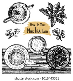 Tea with milk. Milk tea. Matcha latte drink. 