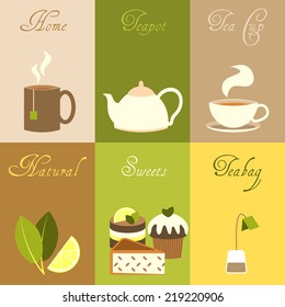 Tea mini posters set with home teapot cup natural sweets teabag isolated vector illustration.