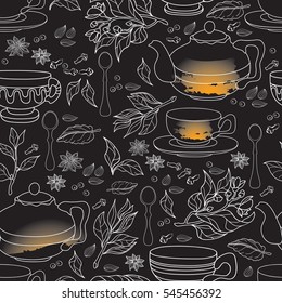 Tea, Mint and Spice seamless pattern. Herbal botanical outline sketch. White line on a black background. Cooking aroma spicy ingredient. Organic product. Hand drawn image.