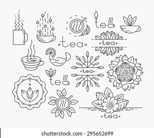 Tea mono line elements for menu, package, design. Vector contour flat logo, emblems. Herbal and floral decorations. 