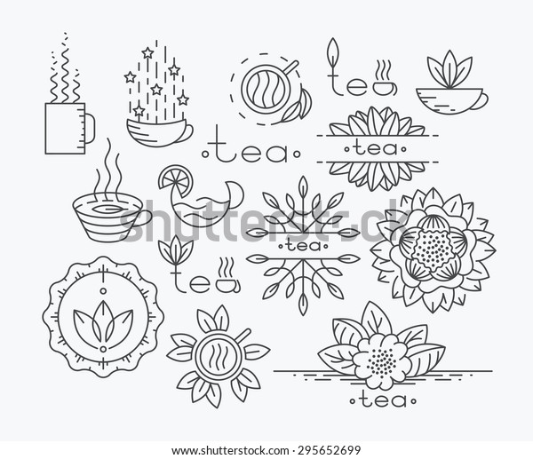 Tea mono\
line elements for menu, package, design. Vector contour flat logo,\
emblems. Herbal and floral decorations.\
