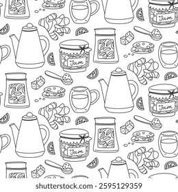 Tea motifs pattern with tea packaging, teapot, jam, biscuits, ginger, sugar and lemon. Suitable for use in promotional materials, packaging, blogs, tea and treat related content. Tea ceremony