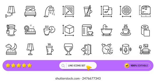 Tea mug, Alarm and Coffee machine line icons for web app. Pack of Pillows, Entrance, Coffee break pictogram icons. Bath, Wall lamp, Wine glass signs. Night mattress, Square area. Search bar. Vector