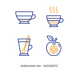 Tea mug, Americano and Cafe creme icons simple set. Medical food sign. Cup with teaspoon, Beverage cup, Hot coffee. Apple. Food and drink set. Linear tea mug icon. Colorful design set. Vector