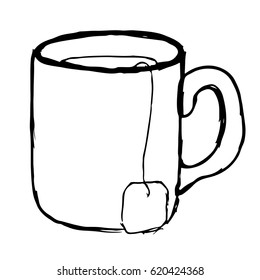 Tea mug with tea bag. Hand drawn sketch vector illustration on white background. Black & white.