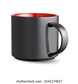 Tea mug. Black ceramic handle cup blank. Hot drink mug, coffee beverage vector mockup with photorealistic mesh, reflection. Teacup for brand merchandise presentation, clean design