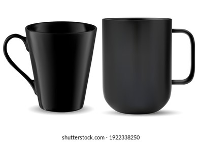 Tea mug black. Handle coffee cup mockup template. Black porcelain teacup for hot drink, morning breackfast tableware. Opaque glass tea cup mock up for logo and branding