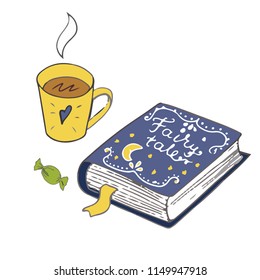 A tea mug and book hand drawn vector painted lines on a white background. Vector sketch
