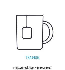 Tea mug with tea bug. Outline icon. Vector illustration. Cup of hot tea. Business lunch with an invigorating drink. Thin line pictogram for user interface. Isolated white background
