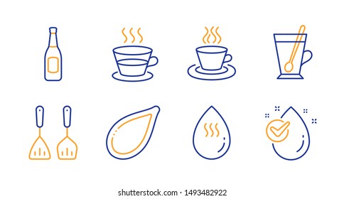 Tea mug, Coffee cup and Tea cup line icons set. Hot water, Cooking cutlery and Beer signs. Pumpkin seed, Water drop symbols. Coffee mug, Aqua drop. Food and drink set. Line tea mug icon. Vector