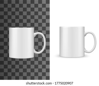 Tea mug or cup mockup, white blank vector isolated 3d realistic object. Tea mug or coffee cup of white porcelain or ceramic with handle, drink and beverage kitchenware mockup