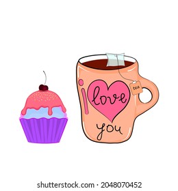 Tea mug and cupcake with cherries. Doodle style. Vector illustration.