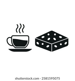 Tea mug drink and brownies food icons with a warm and comforting design, perfect for enhancing cafe, dessert, or relaxation-themed projects