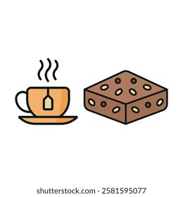 Tea mug drink and brownies food icons with a warm and comforting design, perfect for enhancing cafe, dessert, or relaxation-themed projects