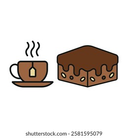 Tea mug drink and brownies food icons with a warm and comforting design, perfect for enhancing cafe, dessert, or relaxation-themed projects